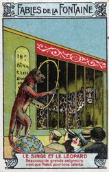 Monkey and Leopard - Fables by Jean de La Fontaine (1621-95) - Chromolithography of the end of the 19th century Private Collection