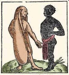 Monstrous creatures: two African men, one of them with long ears to protect themselves from the sun and the cold. When a situation intimidates them, their ears allow them to fly away. Symbolically they allow them to listen better to the word of God