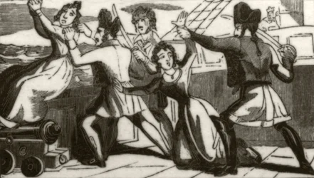 Mrs Glass and her daughter imploring the pirates to save their lives, c.1836