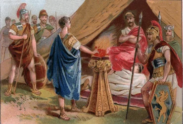 Mucius Scaevola before Porsenna. Caius Mucius Scaevola, a young Roman patrician captured by the royal guard of Porsenna (Porsinna, Porsena)
