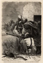Muslim Mountaineers Resettled in the Mountains of Svat, Fighting an English Expedition in 1863 to Stop the Looting of Villages in the Region. Engraving to Illustrate the Story of Punjab and Kashmir, by Guillaume Lejean, 1866, Published in 