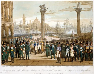 Napoleon I in Venice on 29 November 1807 in front of the Italian navy (engraving of 1845)