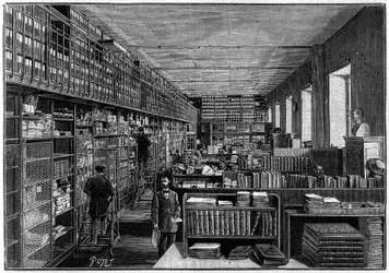 National Library in Paris: Office of the Catalogue. Upstairs are the boxes containing the plays. Engraving in "La Nature: revue des sciences et de leurs applications aux arts et à l
