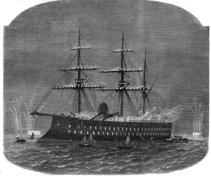 Naval illumination in the harbour of Spithead during the voyage of the Egyptian Sultan Ismail Pasha (1830-1895) to England. Engraving in The Illustrous Universe