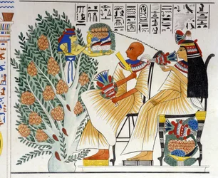 Nephtys, Egyptian goddess, offers food to the deceased - in “Monuments of Egypt and Upper Nubia” by Ippolito Rosellini. 19th century.
