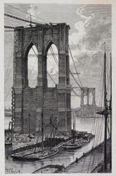 New York: Brooklyn Bridge piles under construction - in 