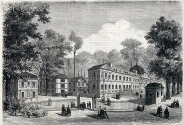 New building of the imperial porcelain factory in Sevres in 1868. Engraving in 