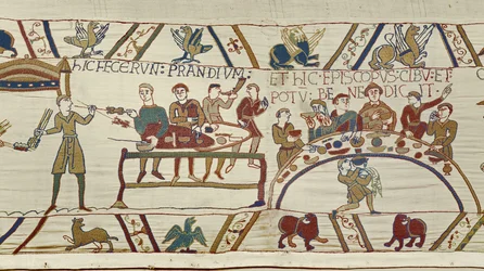 Norman servants prepare a banquet for William and Bishop Odo blesses the meal, Bayeux Tapestry