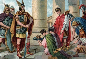 Odoacre (Odovacar, 435-493), chief of the Herules, obliges Romulus Augustulus, in Latin Flavius Romulus Augustus or Romulus Augustulus, in Italian Romolo Augustolo (around 460-511), the last Roman emperor of the West, to abdicate in 476