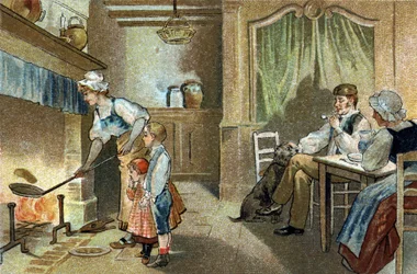 Old custom celebrated in the Berry region: candlestick pancakes. Chromolithography of the late 19th century