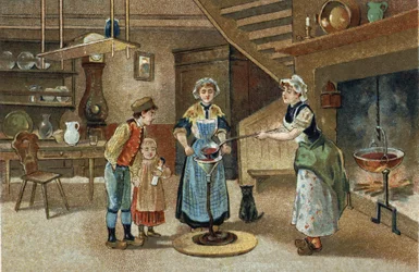 Old custom celebrated in the Dauphiné region: La boudinée. Chromolithography of the late 19th century