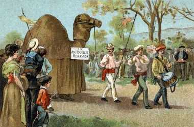 Old custom celebrated in the Languedoc region: The camel walk on the day of Saint Aphrodite. Chromolithography of the late 19th century.