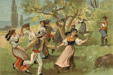 Old custom celebrated in the Provence region: the farandole for silkworm harvest festivals. Chromolithography of the late 19th century