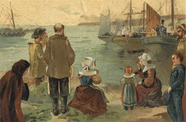 Old custom celebrated in the region of Brittany: the blessing of the Terre Neuvas. Chromolithography of the late 19th century