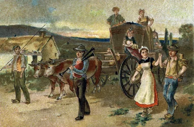 Old custom celebrated in the region of Burgundy: Harvest Festival. The last vintage. Chromolithography of the late 19th century