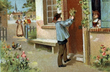 Old custom celebrated in the region of Burgundy: May feast. Chromolithography of the late 19th century.