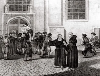 On 31/10/1517, Luther posted on the gates of Wittenberg Castle his 95 theses denouncing the sale of indulgences and which marked the beginning of the Reformation - engraving