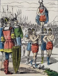 On the death of Childeric I, his son Clovis was elected king by the Salians Francs who carried him on the bulwark while touring the camp