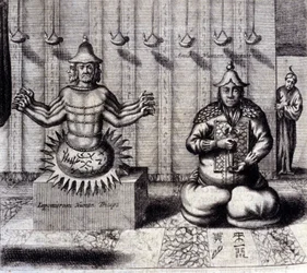 On the left, Hindu deity with eight arms, on the right Amida, Japanese Buddha. 
