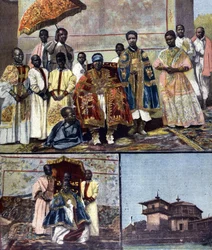 On top is the Empress Taitou of Ethiopia, wife of Menelik II and his sequel. Lower left is his daughter, the future Queen Zaouditou (1876 - 1930). On the right, the Imperial Palace Ghebi in Addis Ababa. Illustration for the late 19th century press