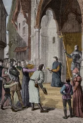 Perkin Warbeck (c.1474-1499) Flemish Impostor; Professing to Be Richard, Duke of York, Second Son of Edward IV - Reading His Confession Outside Westminster Hall, London