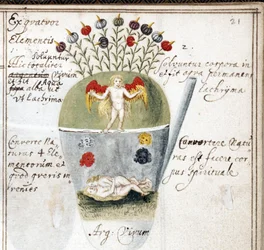 Page from an Alchemical Notebook, a Couple and an Angel (Watercolour on parchment by Johann Grasshoff, c. 1620)