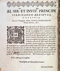 Page of dedication to Ferdinand of Austria in musical score of Sinfonie musicali by Ludovico Viadana