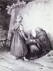 Palmistry: an old fortune teller reads the hand of a young girl