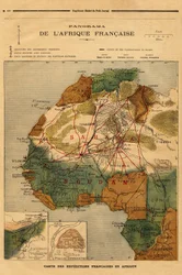 Panorama of French Africa, Map of French Expeditions in Africa. Engraving in 