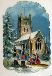 Parishioners going to a church for Sunday Mass. Chromolithography around 1890