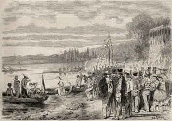 Parisian canoeists. Regattas of Saint-Cloud in 1857. Engraving in 