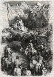 Passage of the Pyrenees by the Moors - engraving of 1851 from Furious Roland (Orlando furioso) (16th century) by Ludovico Ariosto, known as the Ariosta - Edition translated from Italian by the Count of Tressan and published by Gustave Harvard 1851