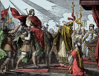 Pepin Proclaimed King of the Franks - Sacre of Pepin the Brief, Basilica of Saint Denis, 28 July 754: Pope Stephen II consecrated him King of the Franks and Patrice of the Romans