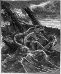 Perilous Adventures Of Narcissus Nicaise In Congo - by Armand Dubarry 1836-1910 - he had in front of him a formidable marine monster (Giant octopus) - engraving in Journal des voyages 1881