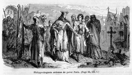 Philippe Auguste orders to pave Paris in the 12th century - engraving