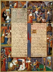 King Louis IX washing the feet of the poor, the king praying and scenes of Christian charity. Miniature from a manuscript 