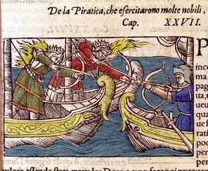Piracy was practised by many Scandinavian noble women. Engraving from “Historia de gentium septentrionalium” by Olaus Magnus, Venice 1567.