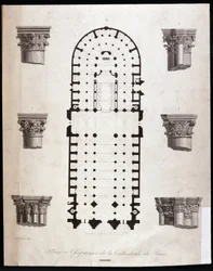 Plan and capitals of Notre-Dame Cathedral in Paris. 19th century.