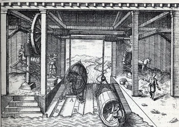 Plan incline for boats in the 16th century on the lagoons of the Brenta River in Northern Italy. Engraving in La Nature