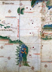 Planisphere of Cantino: Map of Alberto Cantino from 1502 representing the boundary line imposed by the Treaty of Tordesillas (1494) between Portuguese and Spanish America. Biblioteca Estense, Modena