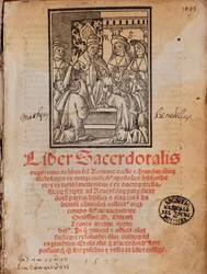 Pope Leon X receives the book Frontispiece of the liturgy book Liber Sacerdotalis by Castellini