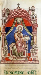 Pope St. Gregory I the Great (540-604) encircled by two secretaries. He is written representative with a dove on the shoulder, symbol of the Holy Spirit. Miniature of the letters of Saint Gregory