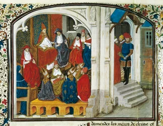 Pope Urban II announcing the First Crusade during the Council of Clermont