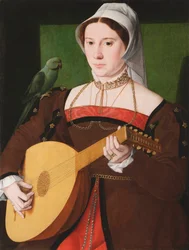 Portrait of a woman playing a lute, with a parrot on her shoulder