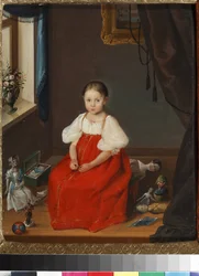 Portrait of a Girl in a Red Sarafan with Toys