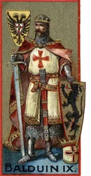 Portrait of Baldwin IX (Baldwin IX of Flanders) or (Baldwin VI of Hainaut), known as Baldwin of Constantinople, Emperor of Constantinople from 1204 to 1205 under the name Baldwin I. Chromolithograph from the late 19th century.