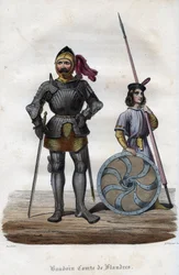Portrait of Baldwin I, Count of Flanders (830s-879), also known as Baldwin Iron Arm. (Baudouin I, Count of Flanders, also known as the Iron Bras or the Good). Engraving from 1842 in Histoire des popes by Maurice Lachatre. Private collection.