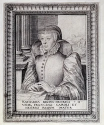 Portrait of Catherine de Medicis, Queen of France. Engraving of the 16th Century. Pau, Musee Du Chateau