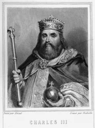 Portrait of Charles III (839-888), Emperor of the West (881-887) and Regent of France (884-887) - in Histoire des Français by Lavallée, engraving, sd