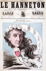 Portrait of Eugénie Doche playing in a cover at the Vaudeville theatre of La Dame aux camélias, written by Alexandre Dumas (son) in 1852. In Le Hanneton, January 23